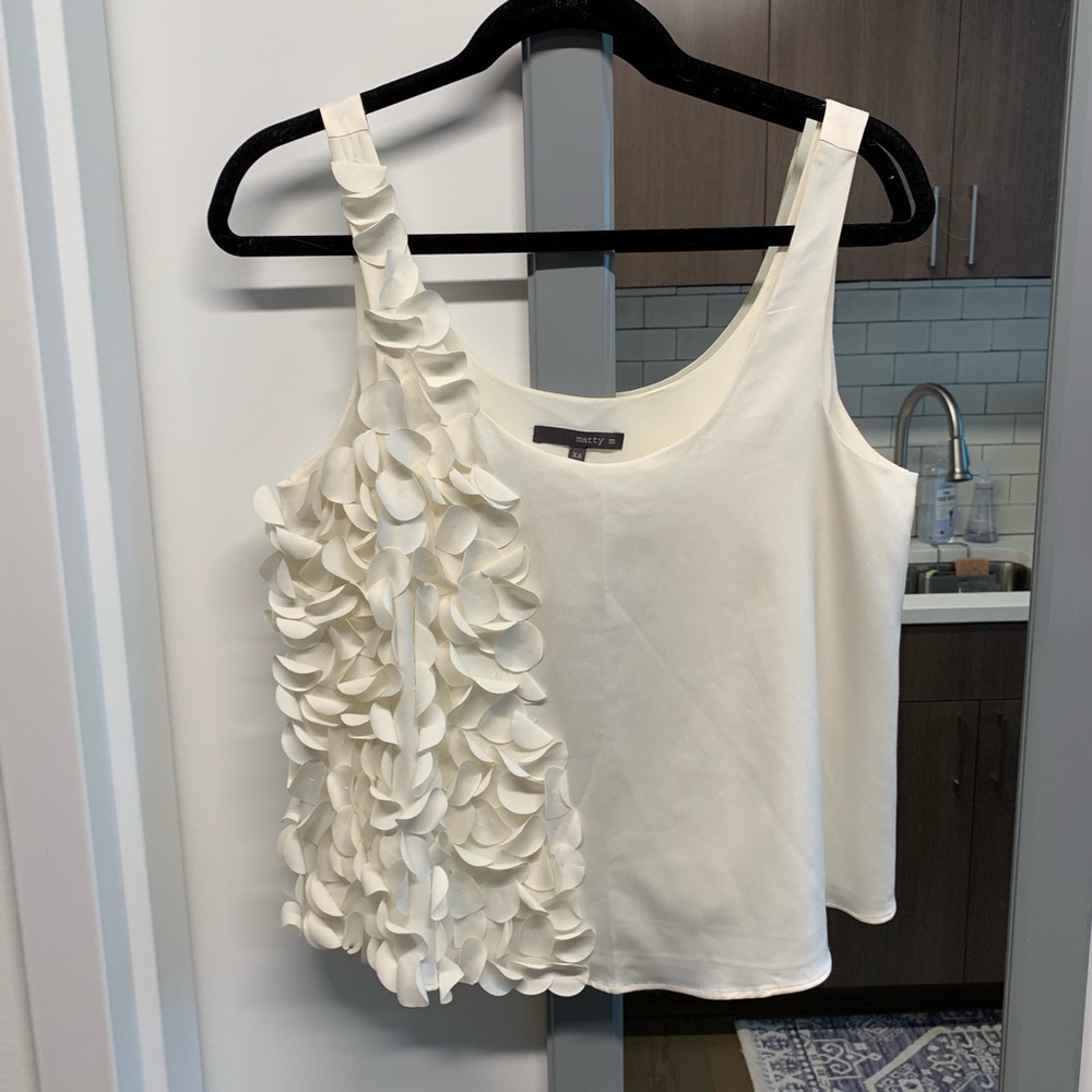 Matty M white silk top with petal detailing.